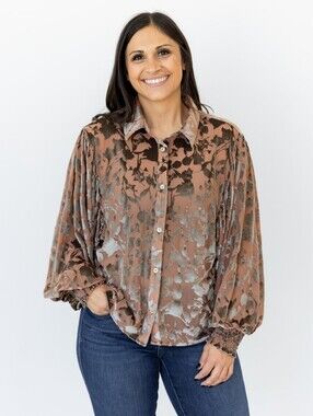 NEW Turquoise Haven Boho Tan Burnout Velvet Mesh Top